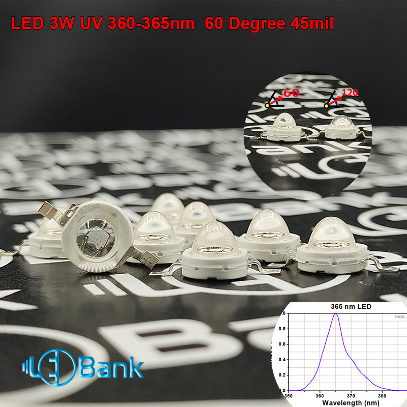 ال ای دی 360 نانومتر uv توان 3W لنز اولیه 60 درجه جهت بالا رفتن شار نوری