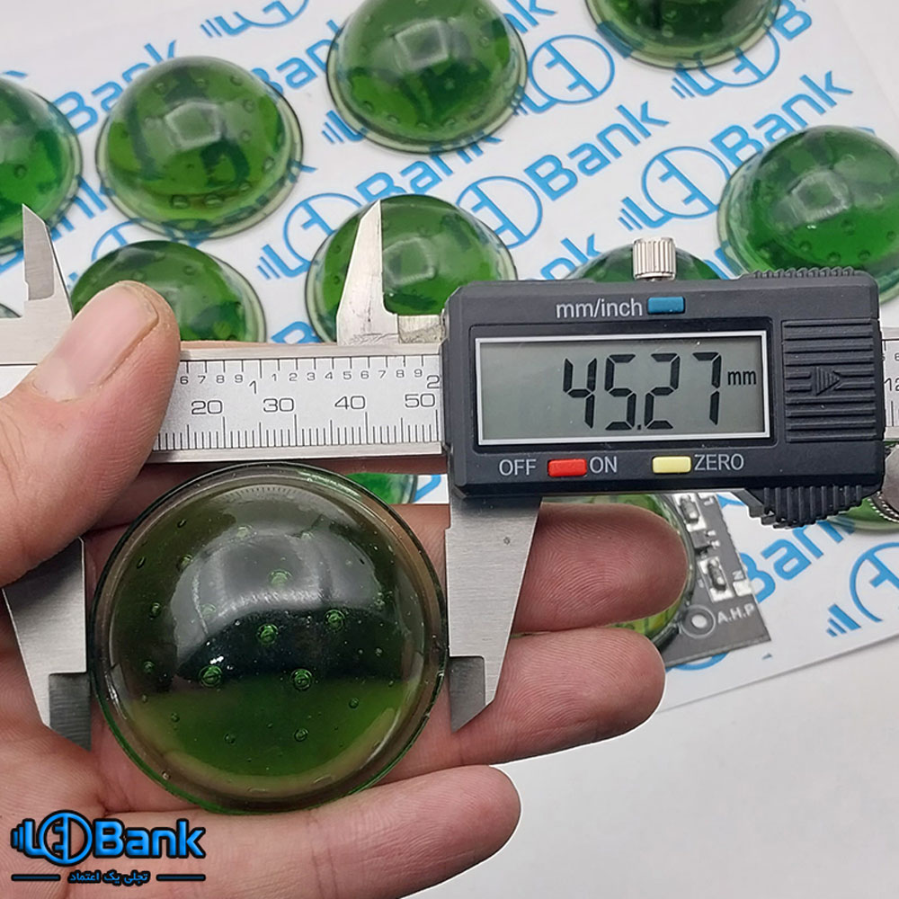 لنز led شیشه ای محدب رنگ سبز قطر 45 میلیمتر ارتفاع 16 میلیمتر