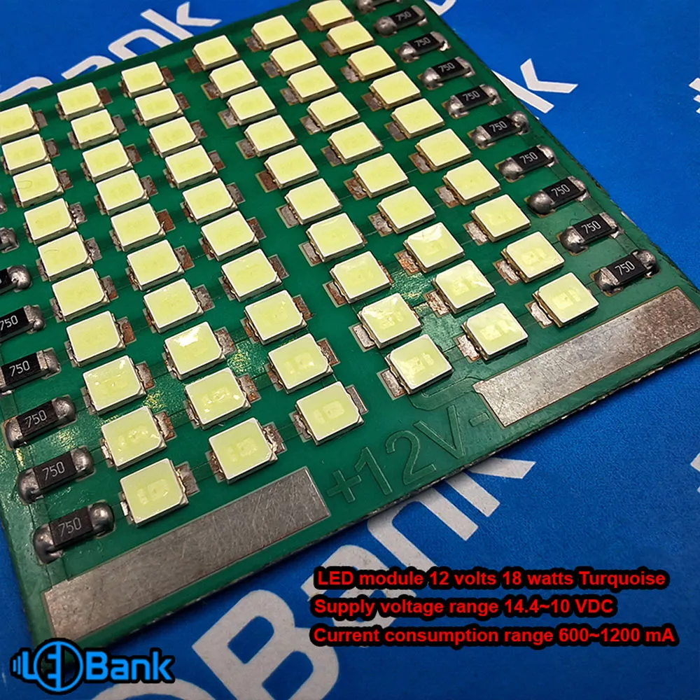 ماژول ال ای دی 18 وات فیروزه ای ولتاژ ورودی 12 ولت 43 در 43 میلیمتر
